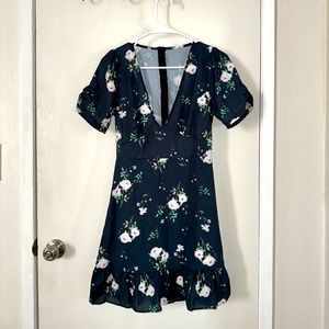 Navy with white flowers, ruffled mini dress
